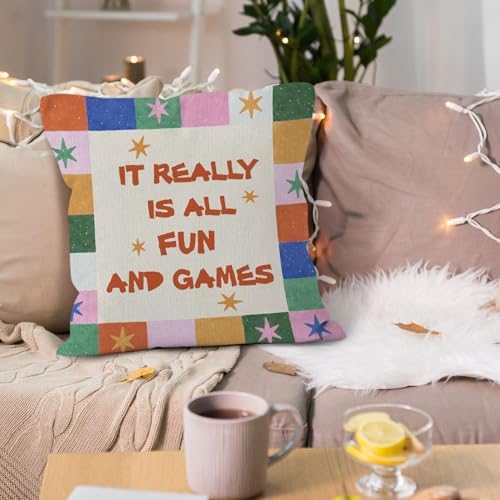 Funny Kids Playroom Throw Pillow Cover 18x18, Vintage Nursery Decorative Pillow Covers for Kids Toddler Nursery Bed Gaming Room Bedroom, Colorful Stars Game Accent Pillows Cover Pillowcases