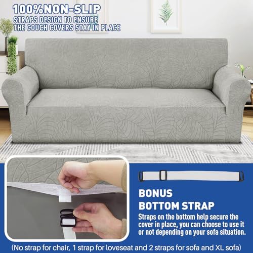 YEMYHOM Couch Cover Latest Jacquard Design High Stretch Sofa Chair Covers for Living Room, Pet Dog Cat Proof Armchair Slipcover Non Slip Elastic Furniture Protector (Small, Begonia Leaf Light Gray)