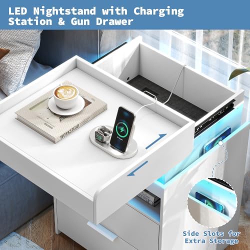 Baoz Modern Nightstands Set of 2 with Charging Station & LED Lights,White