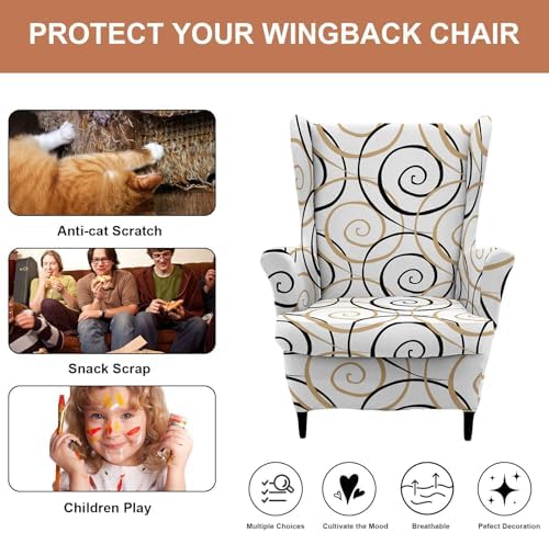HAOYONG 2 Piece Wingback Chair Covers Stretch Wing Chair Slipcover Printed Wing Back Chair Covers with Arms Washable Spandex Fabric Armchair Cover Protection Furniture for Living Room and Bedroom