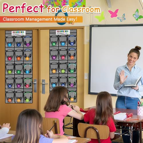 2 Pack Classroom Headphone Storage Organizer with 30 Pockets & 62 Labels