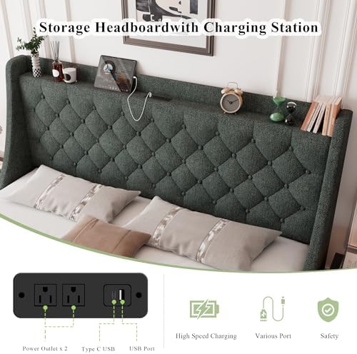 Feonase Queen Bed Frame with 4 Storage Drawers, Upholstered Storage Bed with Charging Station, Tufted Wingback Headboard, No Box Spring Needed, Dark Grey