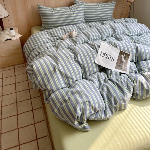 AOJIM Striped Duvet Cover Queen 100% Washed Cotton 3-Piece Vintage Bedding