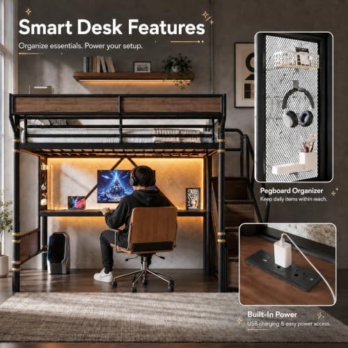 Queen Size Metal Loft Bed Frame with Staircase & Built-in Desk & Wardrobe, Loft Bed with Pegboard & Mesh Storage Baskets & Slats, No Box Spring Required, Easy Assembly, for Bedroom, Black