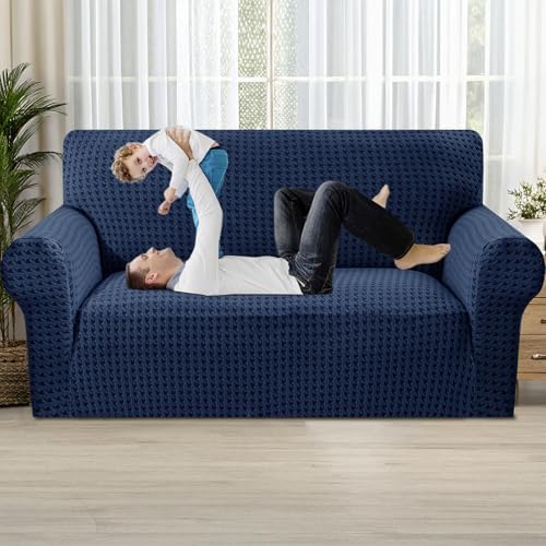 MAXIJIN Stretch Loveseat Couch Cover for 2 Cushion Couch (55"-69" Washable Sofa Slipcovers with Non-Slip Foam & Elastic Strap, Dog Cat Pet Friendly Furniture Protector (Medium, Navy Blue)