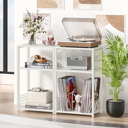 LELELINKY Large White Record Player Stand, 3 Tier 18" Wide Big End Table with Vinyl Storage Up to 130 Albums, Industrial Turntable Printer Tables, Modern Side Tables for Living Room, Bedroom, Office