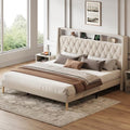 WLIVE King Size Upholstered Bed Frame with 48'' Tall Wingback Headboard, Velvet Square Tufted Platform Beds with Charging Station, Sturdy Metal & Wooden Slats Support, Beige