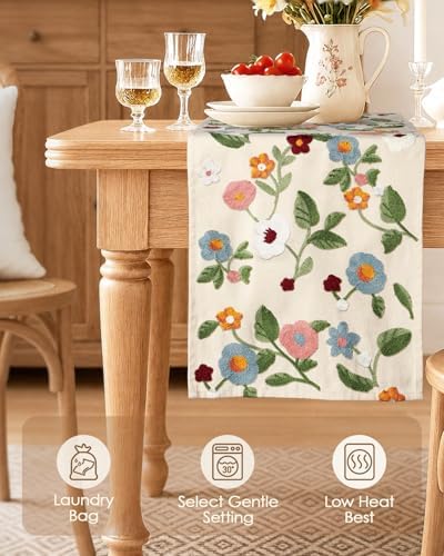 Miss Adola Embroidered Canvas Table Runner 13"x72", Botanical Style