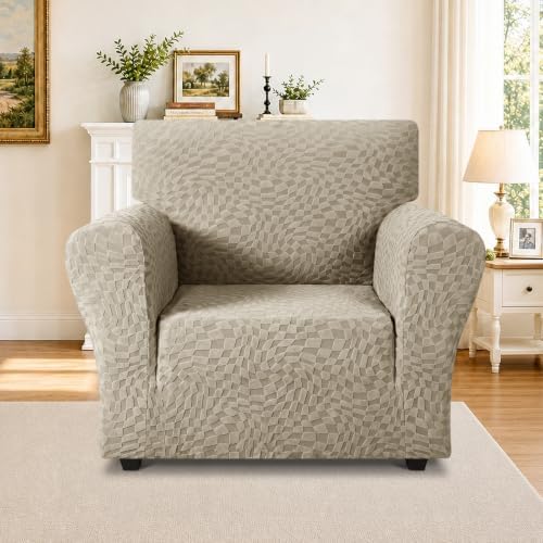 ZNSAYOTX 1 Piece Stretch Chair Cover with Arms (34"-44"), New Plaid Armchair Cover with Elastic Band for Living Room, Ultimate Soft Cozy Washable Chair Slipcover Form Fit Protector, Khaki