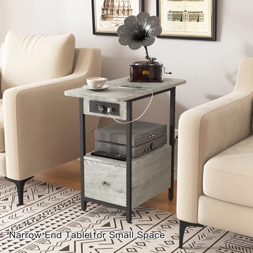 LIDYUK End Table with Charging Station, Narrow Side Table with Drawer
