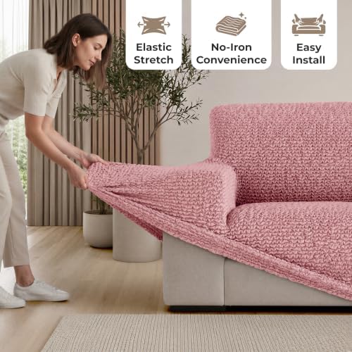PAULATO Premium Stretch Couch Covers for Sofa - Sofa Chair Cover Washable, Dogs & Pets Friendly - Elastic Polyester Loveseat Slipcovers - Non-Slip Love Seat Couch Covers - Coral Pink (86"-120" Wide)