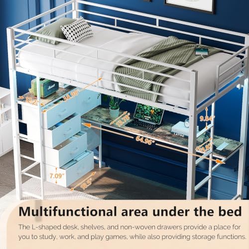 VINGLI Twin Gaming Loft Bed Frame with 7 Drawers and Desk,Metal Single High Sleeper with RGB LED Lights, 2 Built-in Power Outlets, 15” Extra-High Guardrails, Space-Saving Design,White