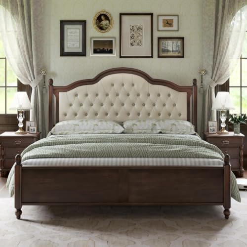 AMERLIFE King Size Solid Wood Bed Frame with Upholstered Tufted Headboard