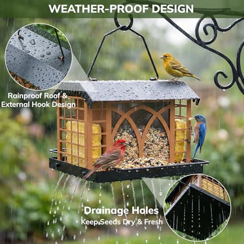 Bird Feeders for Outdoors Hanging, Metal Bird Feeder with Double Suet Cage Weatherproof Metal Roof, 3.5Lbs Large Capacity Great for Attracting Finch Cardinal Chickadee Wild Birds, Pinecone Brown