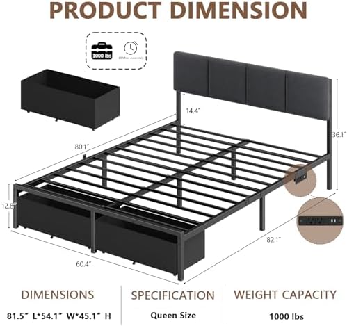Furnulem Queen Bed Frame with Adjustable Headboard and Storage Drawers