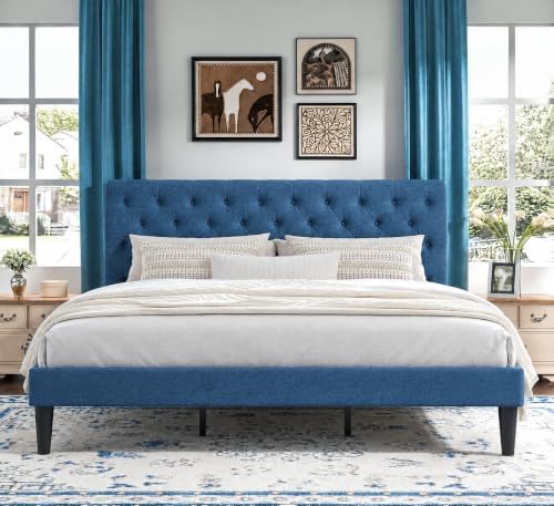 HOMBCK King Size Bed Frame, Upholstered Bed Frame with Headboard, Blue