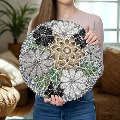 Beaded Placemats for Dining Table Grey Multi - Measure 13 Inches Flower Beaded Placemats Round for Gathering, Christmas, Thanksgiving - Occasional Decoration and Family Parties Celebrations