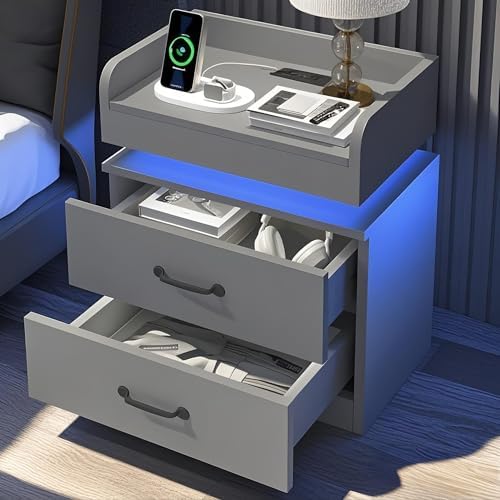 4ever2buy Grey Nightstand Set of 2 with Charging Station and LED Lights