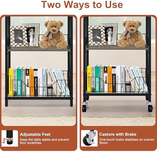 Tall Side Table, Narrow Side Table with Wheels, Black & Grey