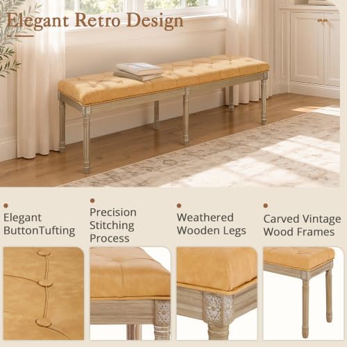 LUE BONA 60" Leather End of Bed Bench, Upholstered Tufted French Bedroom Bench with Carved Wood Legs for Bedroom End of King Size Bed, Living Room, Honey Tan