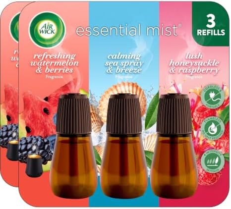 Air Wick Essential Mist Refill Multipack - Watermelon & Berries, Sea Spray & Breeze, Honeysuckle & Raspberry (Pack of 6)