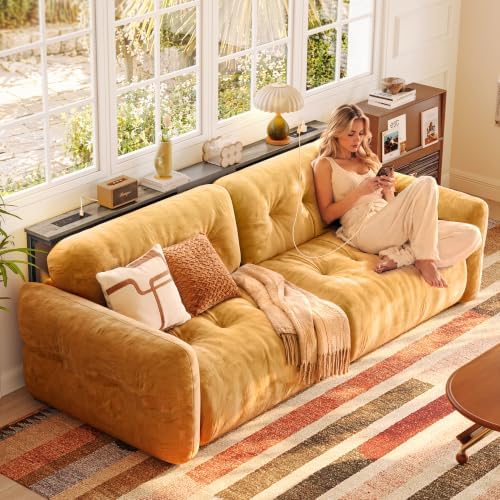 Huuger 63.4-78.3'' Extendable Behind Couch Table with Outlets, Light Oak