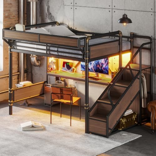 Bellemave Queen Metal Loft Bed with Stairs and Desk for Kids,Adults,Black