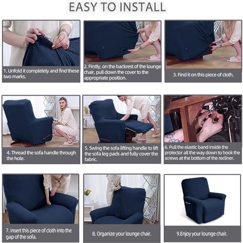 KEKUOU Recliner Chair Covers, 1-Piece Lazy Boy Recliner Covers, Navy Blue