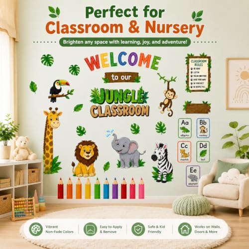Welcome Animal Wall Stickers PVC Jungle Animal Wall Decals Tiger Elephant Giraffe Lion Monkey Wall Decor for Nursery Playroom Bedroom Classroom Kindergarten