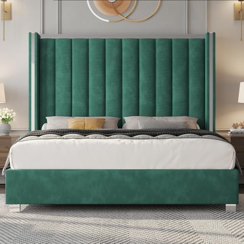 Jocisland King Size Upholstered Bed Frame with 58" Tall Headboard, Green