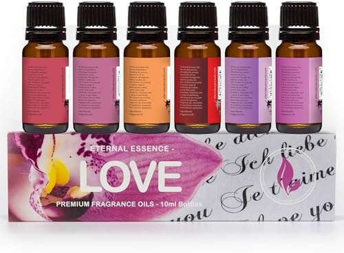 Eternal Essence Oils Love Set of 6 Premium Fragrance Oils - Rose, PS I Love You, Amber Romance, Secret Crush, Forever Yours and Sugar Kiss - for Diffusers, Candle & Soap Making, & Aromatherapy - 10ML