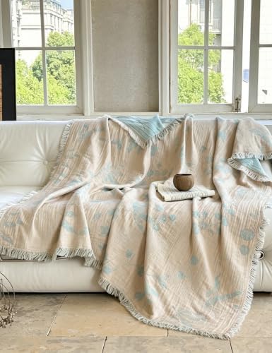 FALUCA Muslin Cotton Throw Blanket Boho Floral Jacquard with Fringe, 90 * 90 Foliage Pattern, Reversible Soft Breathable Cover for Couch Sofa Bedroom Vintage Farmhouse Home Decorative, Beige&Blue