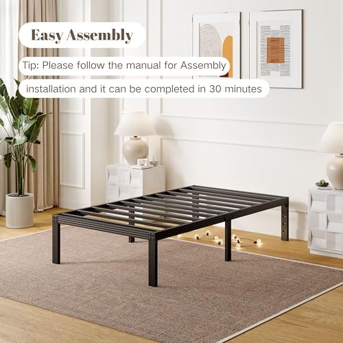 Twin Bed Frames with Heavy Duty Steel Slat, 14 Inches Platform Bed Frame, Non-Slip Design, No Box Spring Needed, Easy Assembly, Quiet Noise Free, Under Bed Storage Space, Black