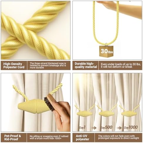 Hion Magnetic Curtain Tiebacks Golden 2pcs, Curtain Holdbacks Hooks Holders