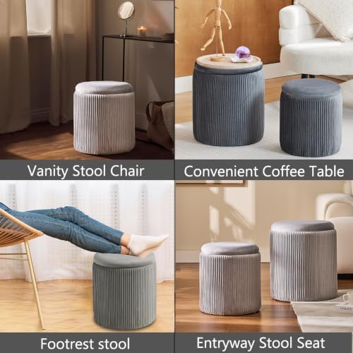 BLEXA Storage Ottoman Round, Set of 2, Velvet Vanity Stool,Light Grey