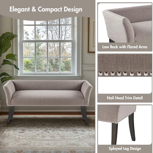 Madison Park Accent Bench, Upholstered with Nailhead Trim, & Padded Seat Entryway Bench Small, End of Bed Bench with Back, 49.5" W x 19.25" D x 23" H, Grey