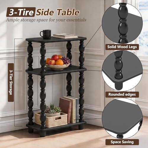 Narrow Side Table, Small End Table with 3 Tier Shelf, Retro Couch Side Table for Living Room, Vintage Farmhouse End Table, Bedroom Skinny Bedside Table Nightstand(Black)