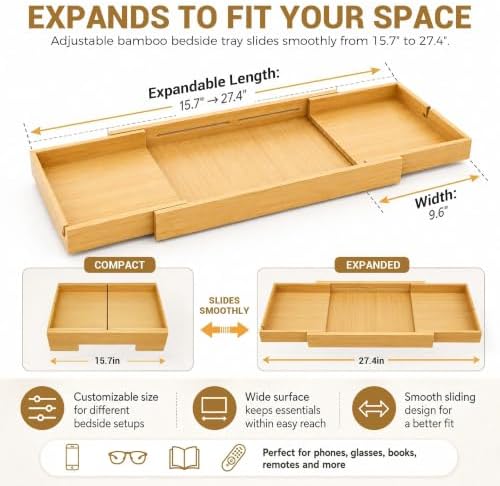 MinBoo Expandable Bamboo Bedside Shelf – Sliding Clip-On Nightstand for Bunk Beds (Fits up to 2.36" Rails), Space-Saving Floating Bed Tray with Cable Slots and Hanging Hooks (Natural Wood)