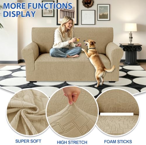 MAXIJIN Waterproof Loveseat Cover Couch Covers (55"-69"), Stretch Love Seat Sofa Slipcovers with Non Slip Elastic Bottom, Dog Pet Friendly Furniture Protector Washable (Medium, Khaki)