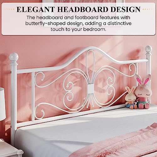 SHA CERLIN Queen Size Metal Bed Frame with Butterfly Headboard, White