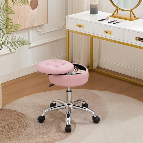Pink Swivel Vanity Stool With Storage Vanity Chair with Wheels Ottoman