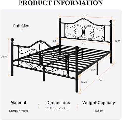 SHA CERLIN Full Size Metal Bed Frame with Butterfly Headboard, Black