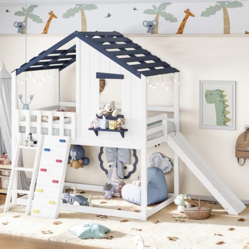 Twin Size House Bunk Bed with Convertible Slide & Ladder, White