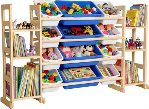 Amdermi Kids Toy Storage Organizer, 51" W White 6-Shelf Bookcase with 12 Bins, Cubby Unit for Toddler Playroom & Bedroom Organization (Blue)