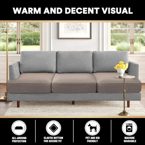 PrinceDeco Stretch T Cushion Sofa Slipcovers 3 Piece,Pets Friendly,Taupe
