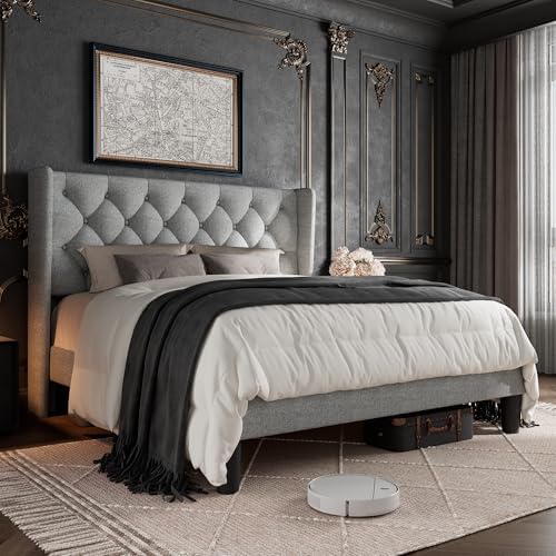 GalnFu Full Size Bed Frame with Button Tufted Headboard, Upholstered Platform Bed Frame with UnderBed Storage, Wooden Slats Supports, Noise Free, No Box Spring Needed, Easy Assembly, Light Grey