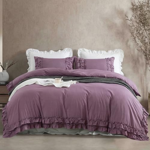 Bedorm Queen Duvet Cover Set Purple Ruffle Bedding Set Pleat Ruffled Shabby Chic Comforter Cover Extra Soft & Easy Care Farmhouse Boho Duvet Cover with Zipper Closure