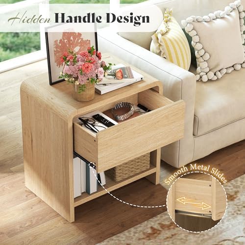 AMERLIFE Nightstands Set of 2 with Storage Drawer & Shelves, Oak