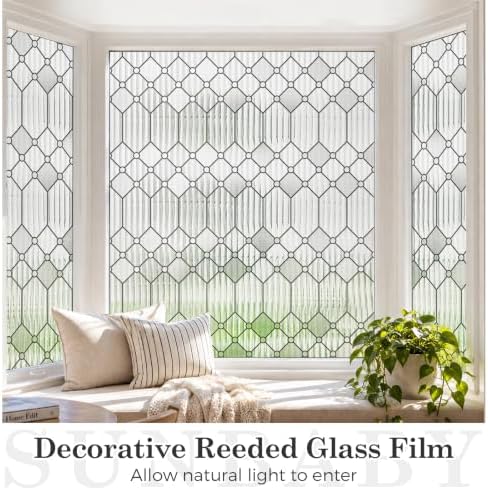 Sunbaby Reeded Glass Window Privacy Film, Static Cling 35.4"x157.4"