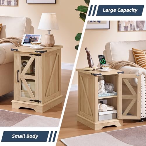Joaxswe Narrow Night Stand with Charger Station, Glass Barn Door